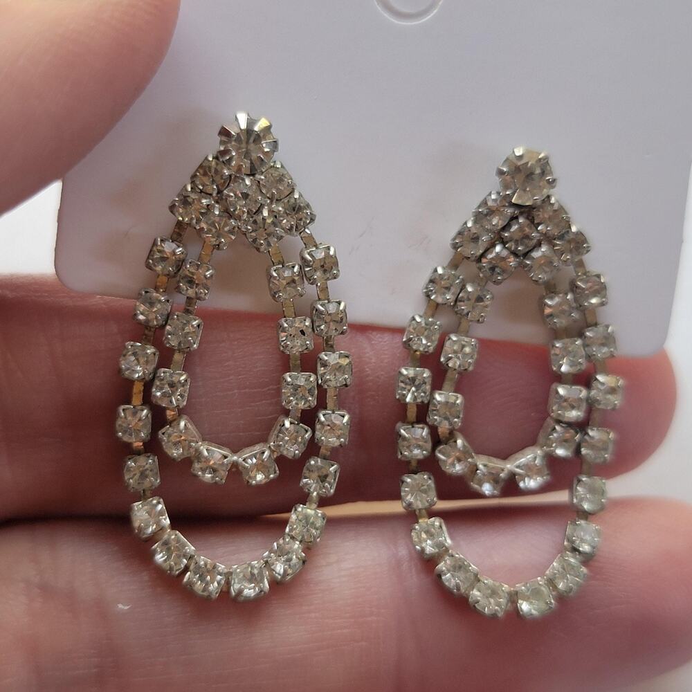 Vintage Silver Rhinestone Dangle Drop Earrings Teardrop Crystal 2 In Butterfly - Picture 2 of 4